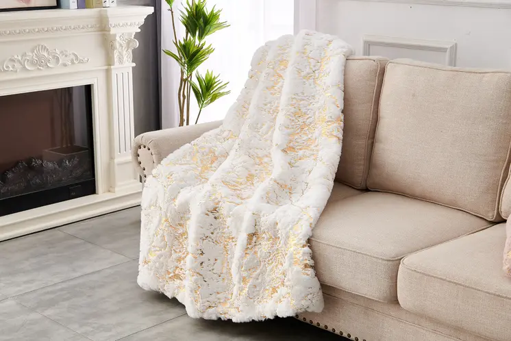 60" X 80" White And Gold Abstract Faux Fur Plush Throw Blanket