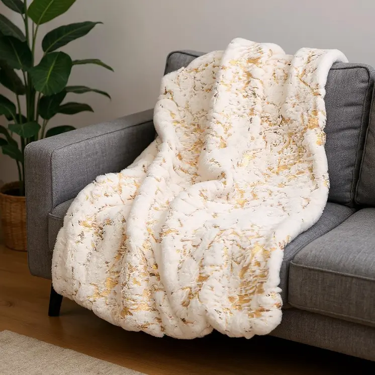 60" X 80" White And Gold Abstract Faux Fur Plush Throw Blanket