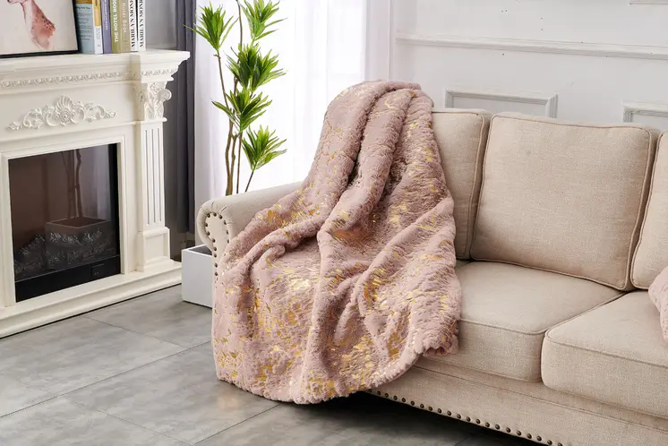 60" X 80" Pink And Gold Abstract Faux Fur Plush Throw Blanket