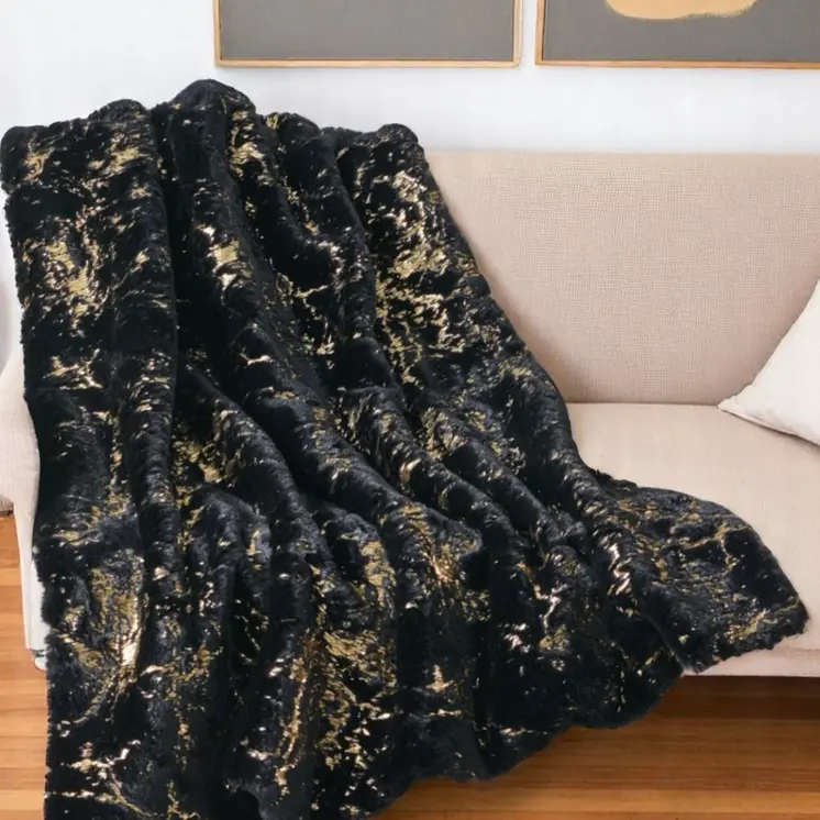 60" X 80" Black And Gold Abstract Faux Fur Plush Throw Blanket