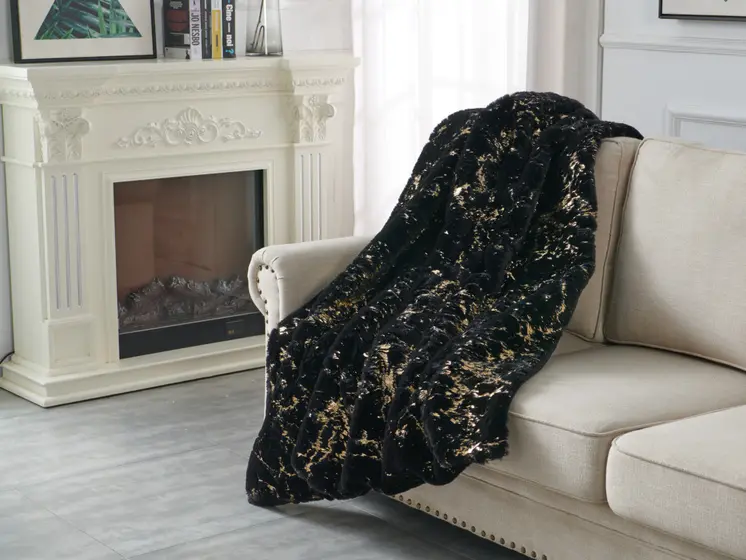 60" X 80" Black And Gold Abstract Faux Fur Plush Throw Blanket