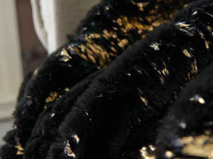 60" X 80" Black And Gold Abstract Faux Fur Plush Throw Blanket