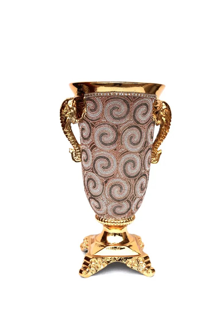 15" Gold Geometric Amphora Ceramic Table Vase With Faux Crystal Embellishments
