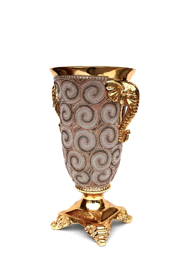 15" Gold Geometric Amphora Ceramic Table Vase With Faux Crystal Embellishments