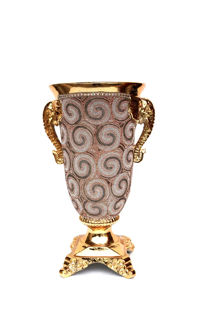 15" Gold Geometric Amphora Ceramic Table Vase With Faux Crystal Embellishments