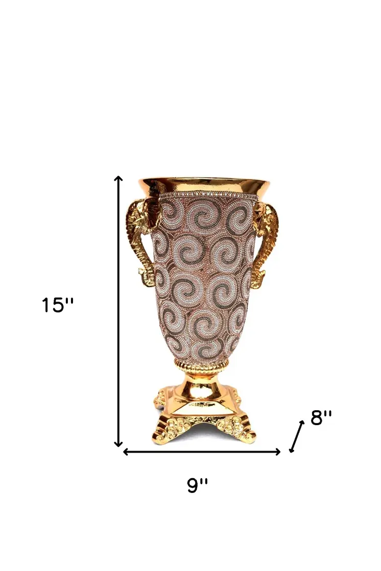 15" Gold Geometric Amphora Ceramic Table Vase With Faux Crystal Embellishments