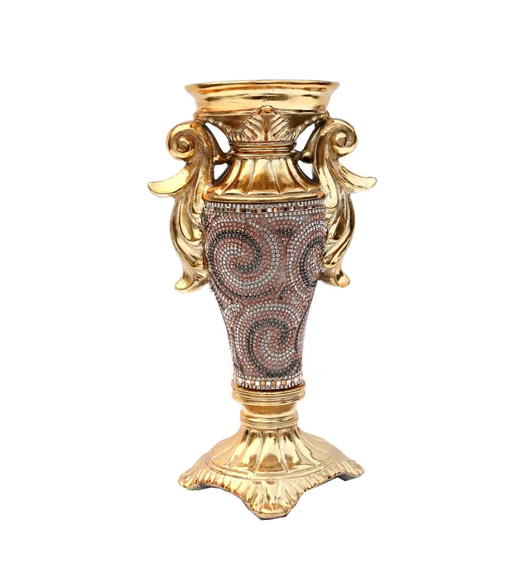 10" Gold Geometric Amphora Ceramic Table Vase With Faux Crystal Embellishments