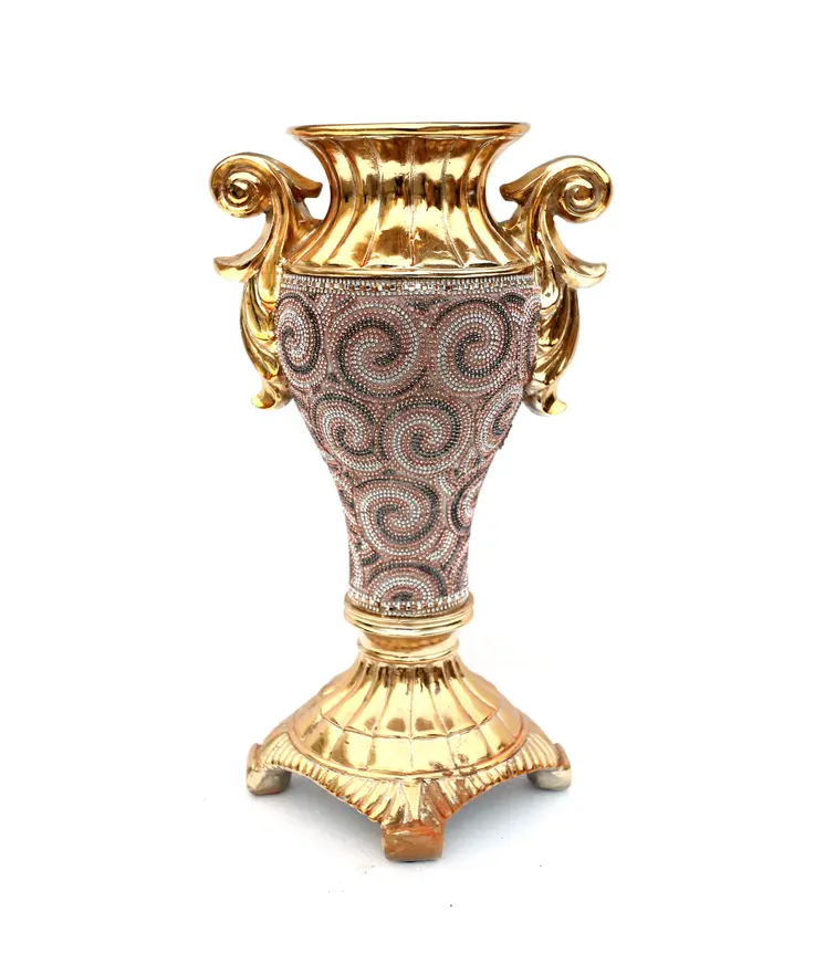 15" Gold Geometric Amphora Ceramic Table Vase With Faux Crystal Embellishments