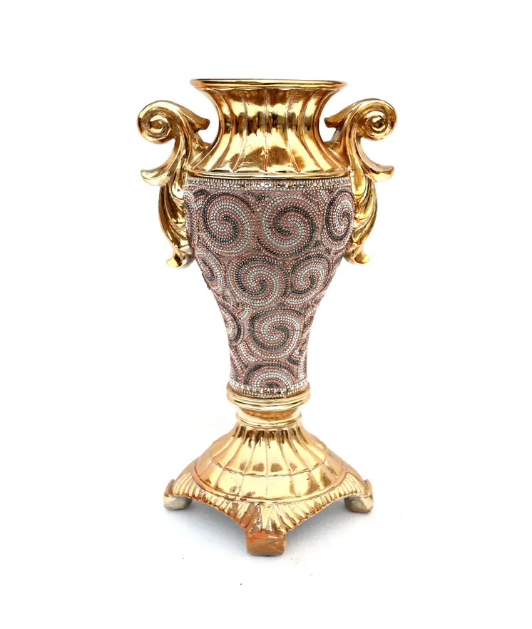 15" Gold Geometric Amphora Ceramic Table Vase With Faux Crystal Embellishments