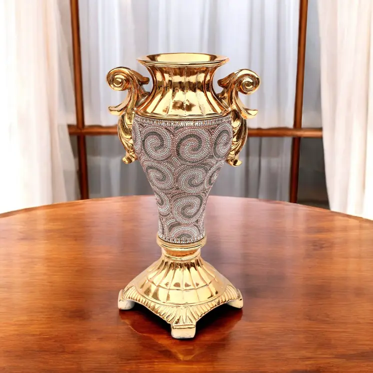 15" Gold Geometric Amphora Ceramic Table Vase With Faux Crystal Embellishments