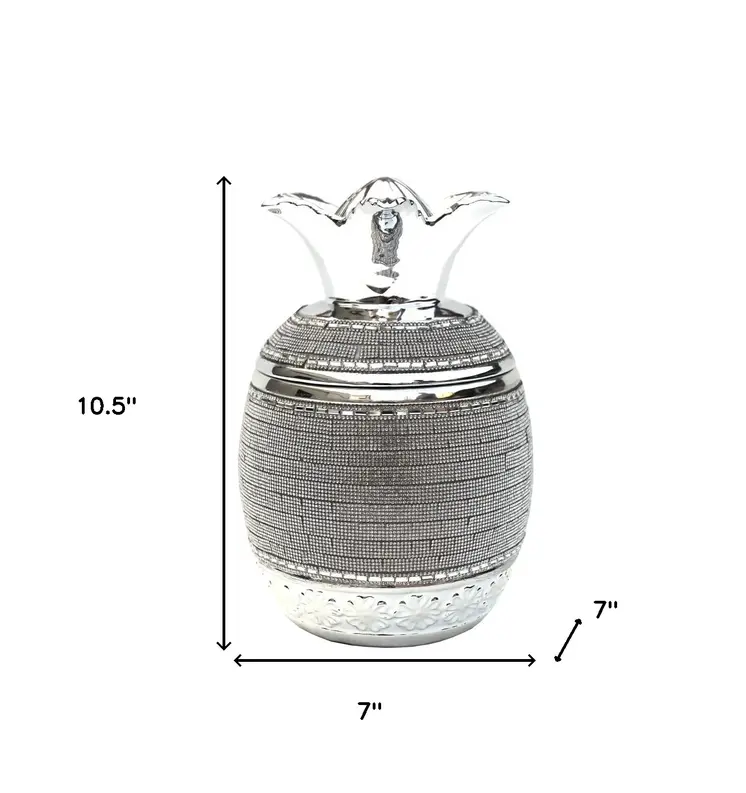 11" Silver Plated Ceramic Pineapple Lidded Bowl With Faux Crystals