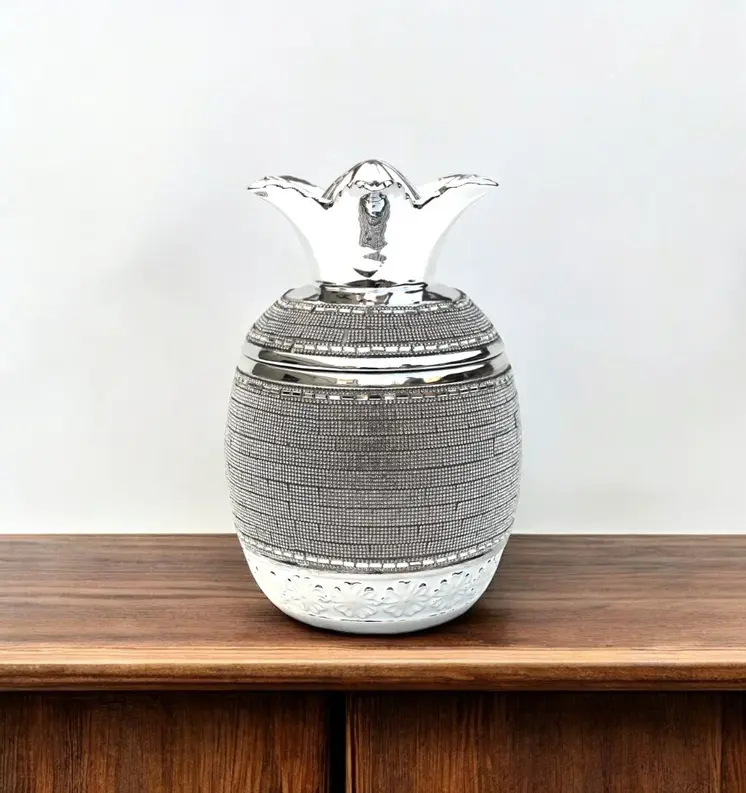11" Silver Plated Ceramic Pineapple Lidded Bowl With Faux Crystals
