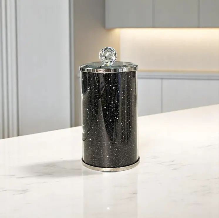 8" Clear And Black Faux Crystal And Glass Storage Canister