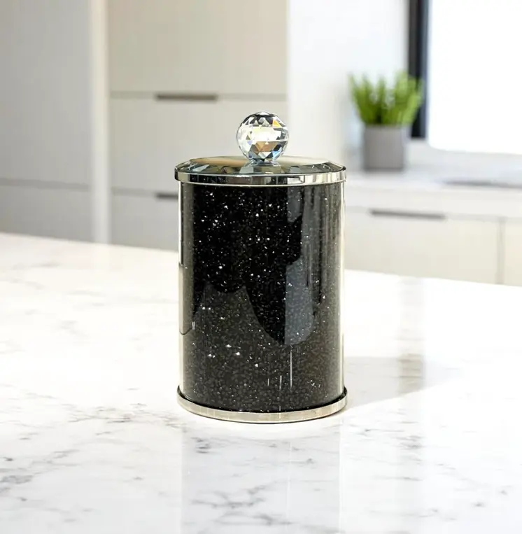 7" Clear And Black Faux Crystal And Glass Storage Canister