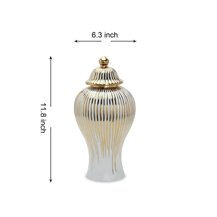 12" White and Gold Striped Urn Ceramic Ginger Jar