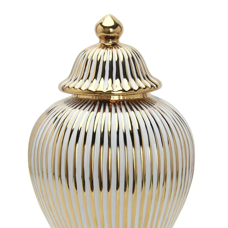12" White and Gold Striped Urn Ceramic Ginger Jar