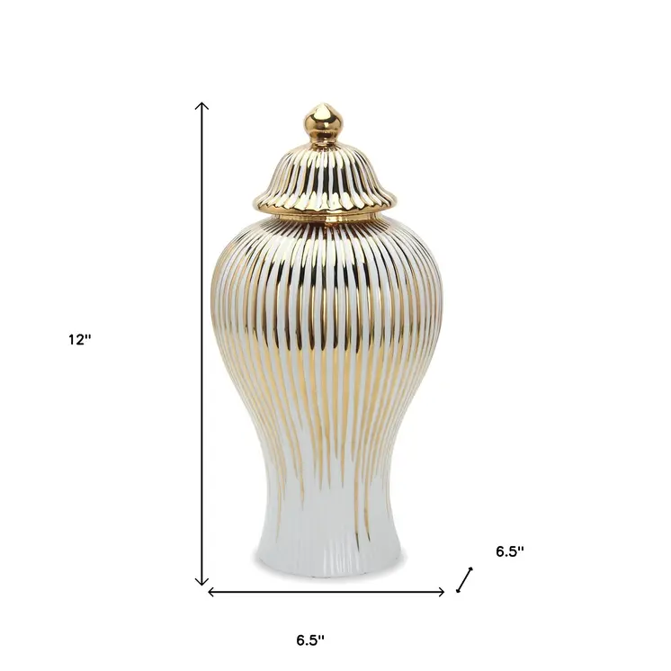 12" White and Gold Striped Urn Ceramic Ginger Jar
