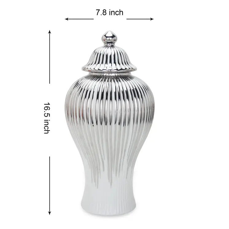 17" White and Silver Striped Urn Ceramic Ginger Jar
