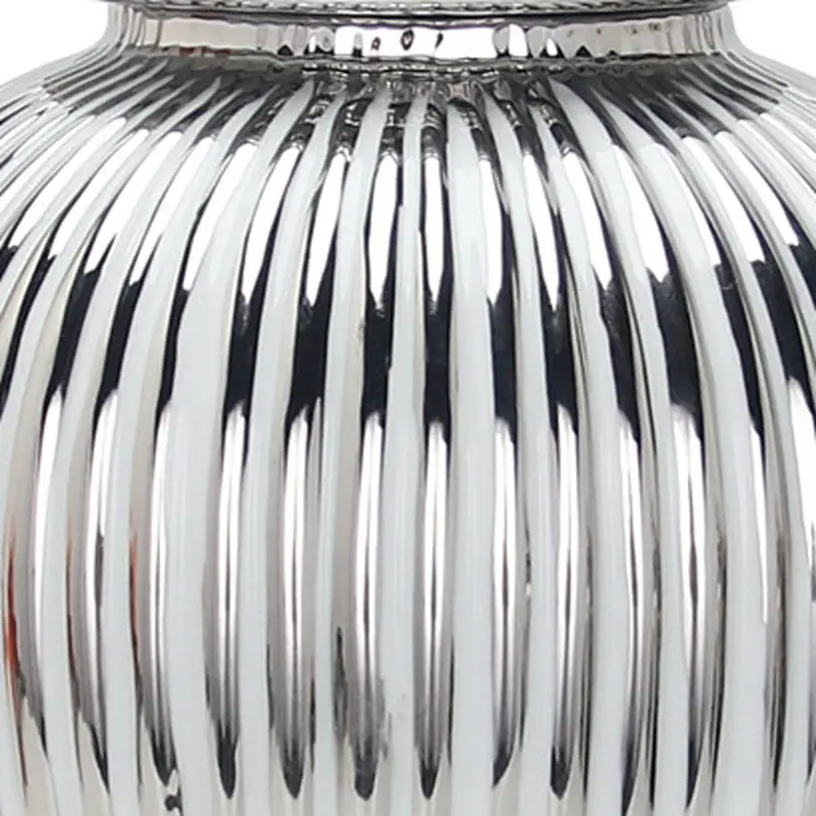 17" White and Silver Striped Urn Ceramic Ginger Jar