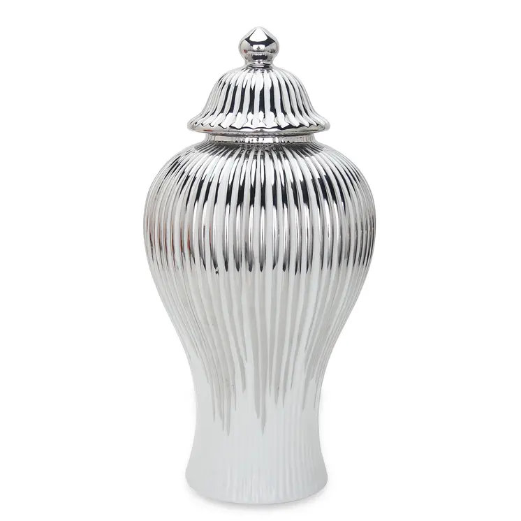 12" White and Silver Striped Urn Ceramic Ginger Jar
