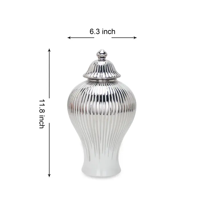 12" White and Silver Striped Urn Ceramic Ginger Jar