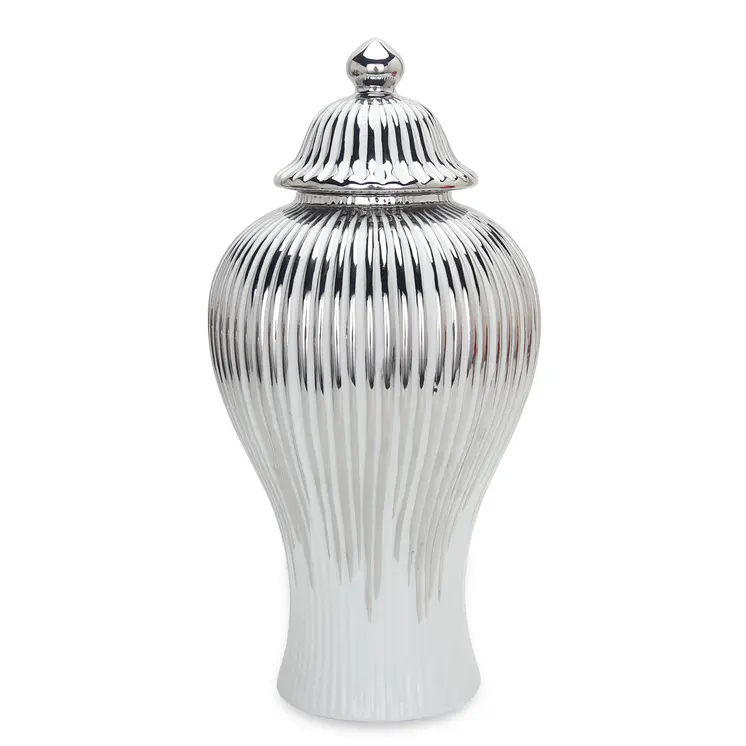 12" White and Silver Striped Urn Ceramic Ginger Jar