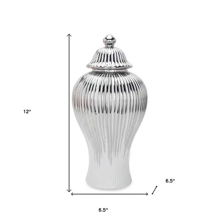 12" White and Silver Striped Urn Ceramic Ginger Jar