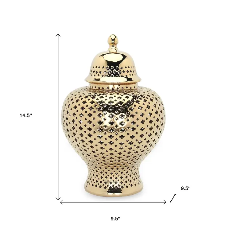 15" Gold Pierced Ceramic Round Ginger Jar