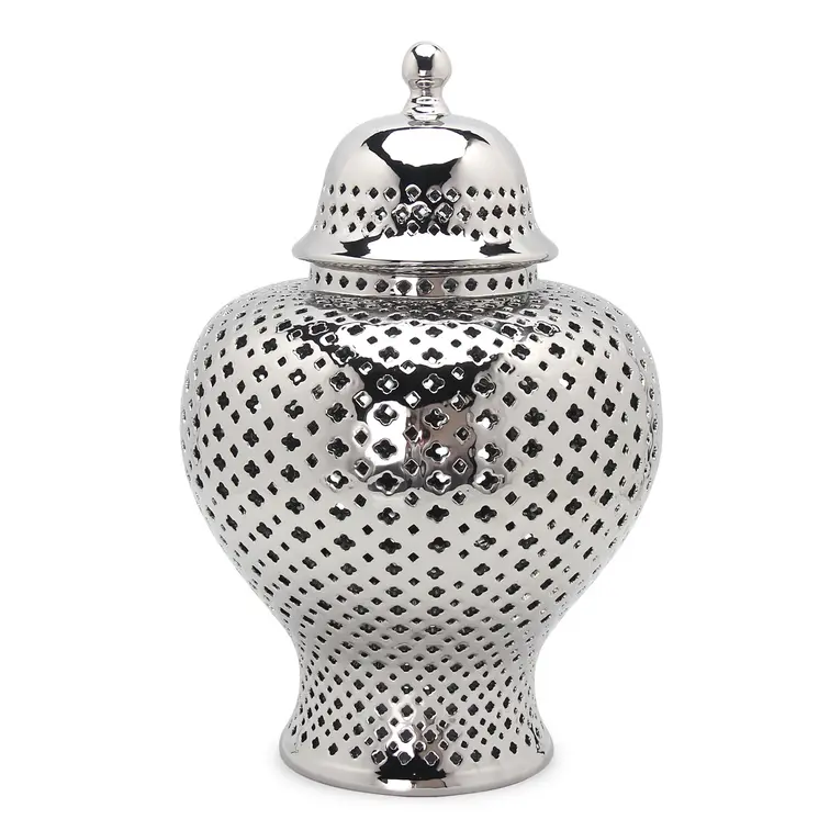15" Silver Pierced Urn Ceramic Ginger Jar