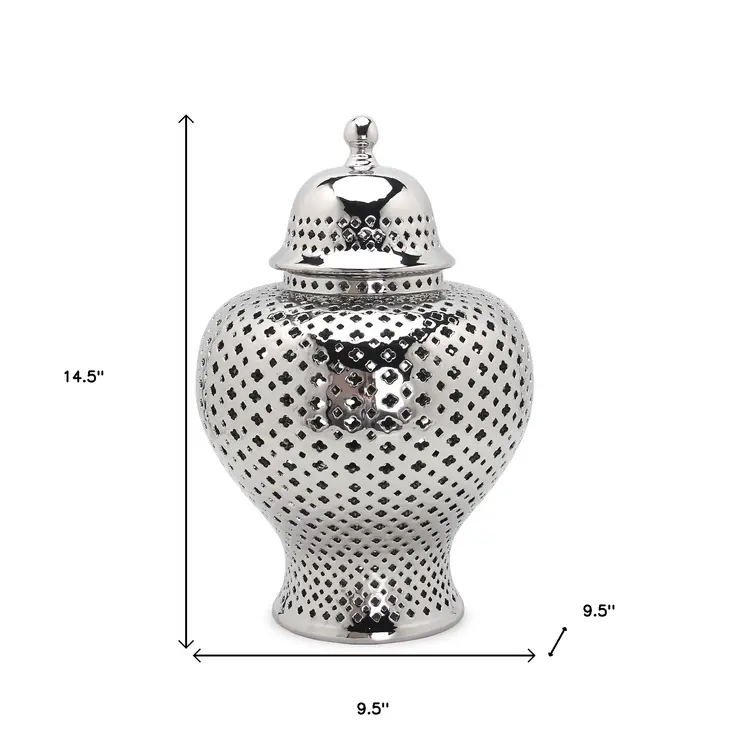 15" Silver Pierced Urn Ceramic Ginger Jar