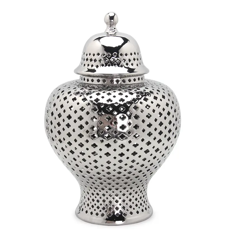 15" Silver Pierced Urn Ceramic Ginger Jar