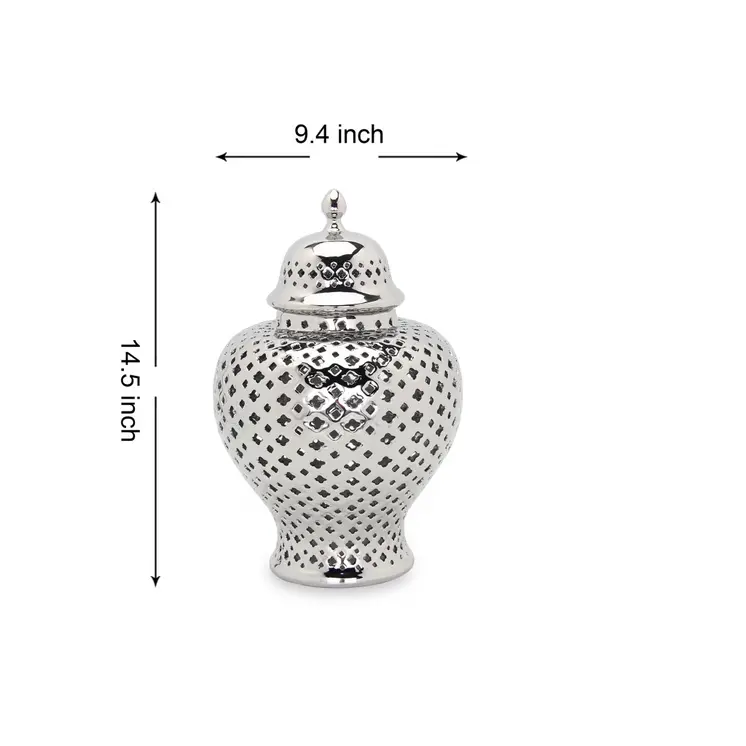 15" Silver Pierced Urn Ceramic Ginger Jar