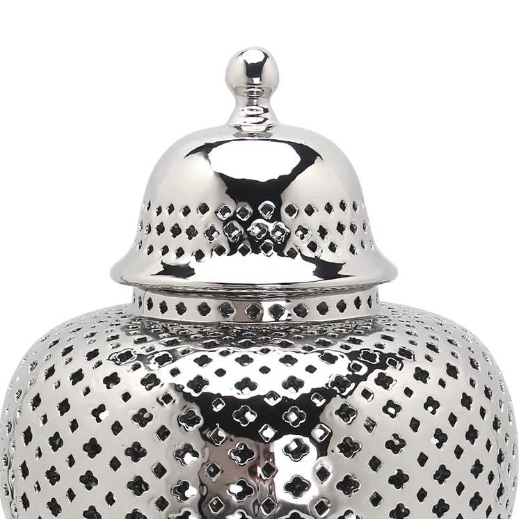 15" Silver Pierced Urn Ceramic Ginger Jar