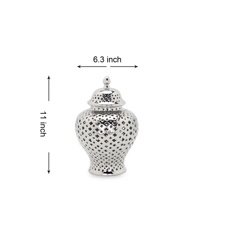 11" Silver Pierced Ceramic Round Ginger Jar
