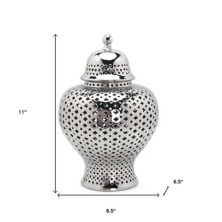 11" Silver Pierced Ceramic Round Ginger Jar