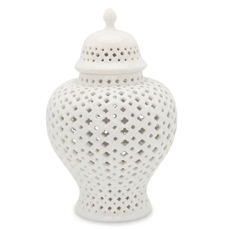 15" White Pierced Urn Ceramic Ginger Jar