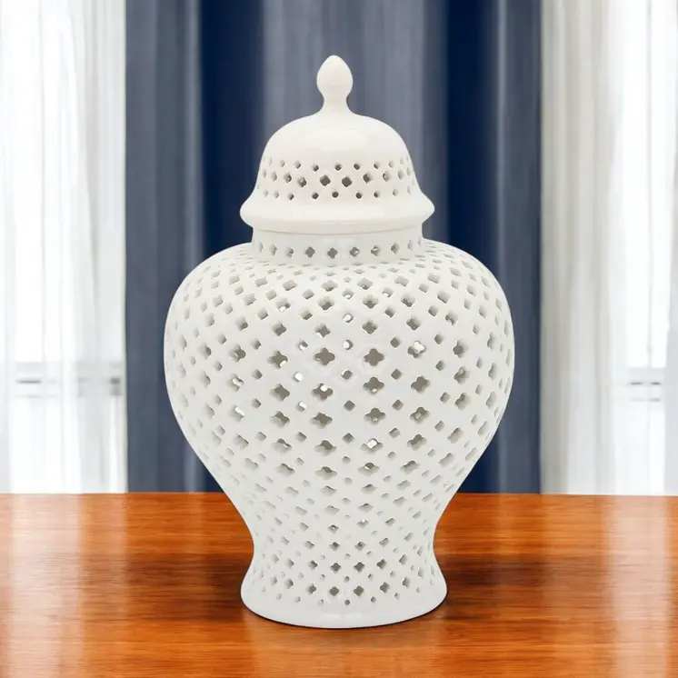 15" White Pierced Urn Ceramic Ginger Jar