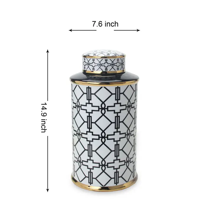 17" White Black and Gold Geometric Cylinder Ceramic Ginger Jar