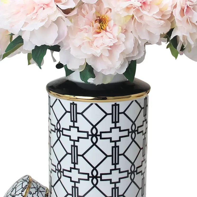 17" White Black and Gold Geometric Cylinder Ceramic Ginger Jar