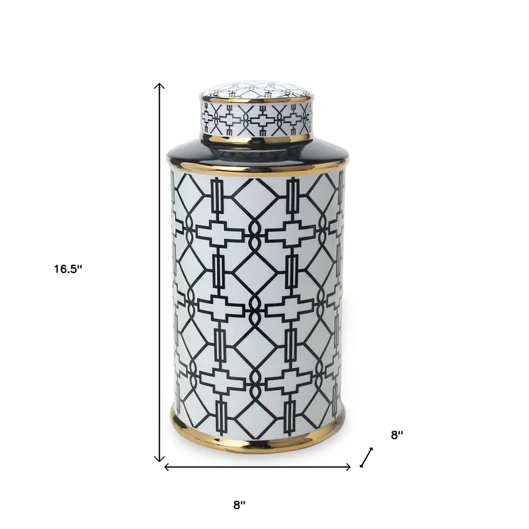 17" White Black and Gold Geometric Cylinder Ceramic Ginger Jar