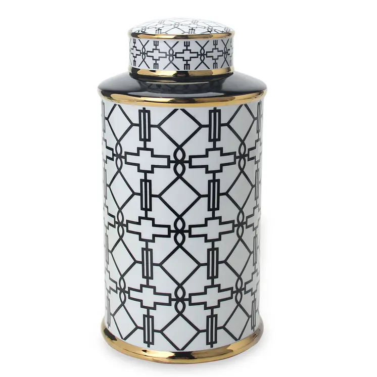12" White and Black Geometric Cylinder Ceramic Ginger Jar
