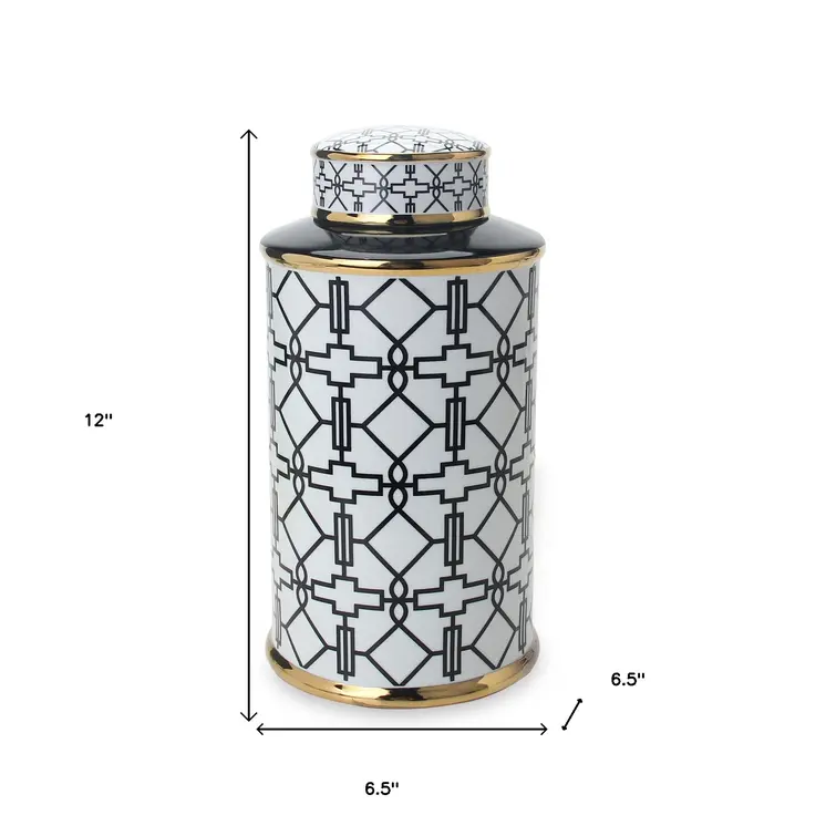12" White and Black Geometric Cylinder Ceramic Ginger Jar