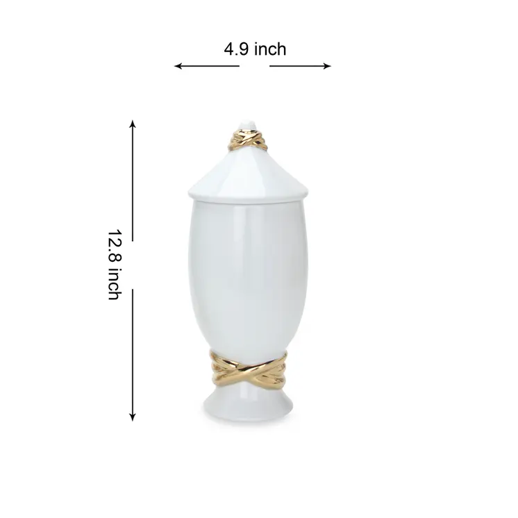 13" White and Gold Abstract Urn Ceramic Ginger Jar