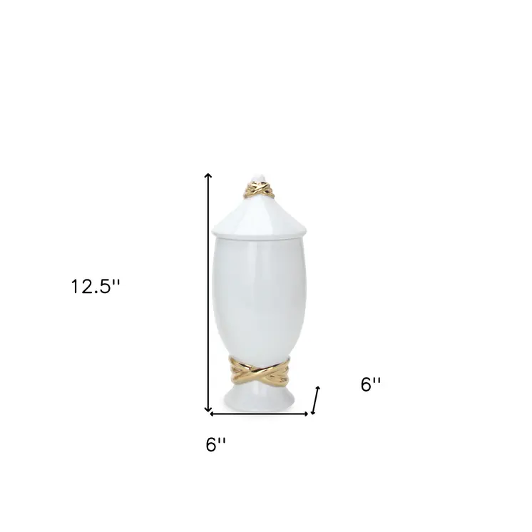 13" White and Gold Abstract Urn Ceramic Ginger Jar
