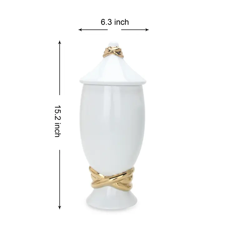 16" White and Gold Abstract Urn Ceramic Ginger Jar