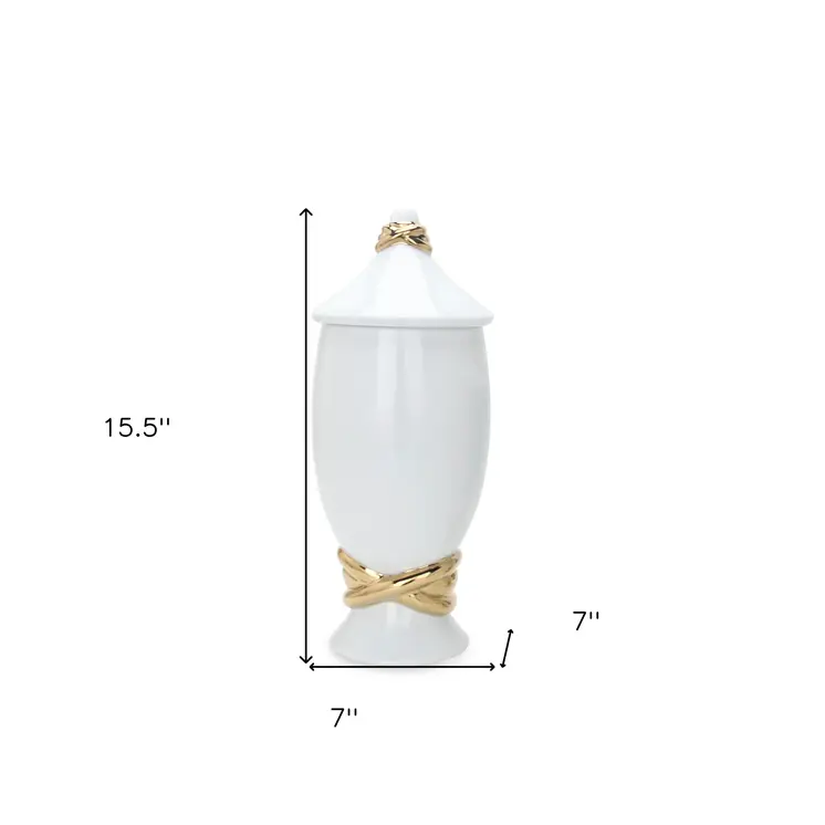 16" White and Gold Abstract Urn Ceramic Ginger Jar