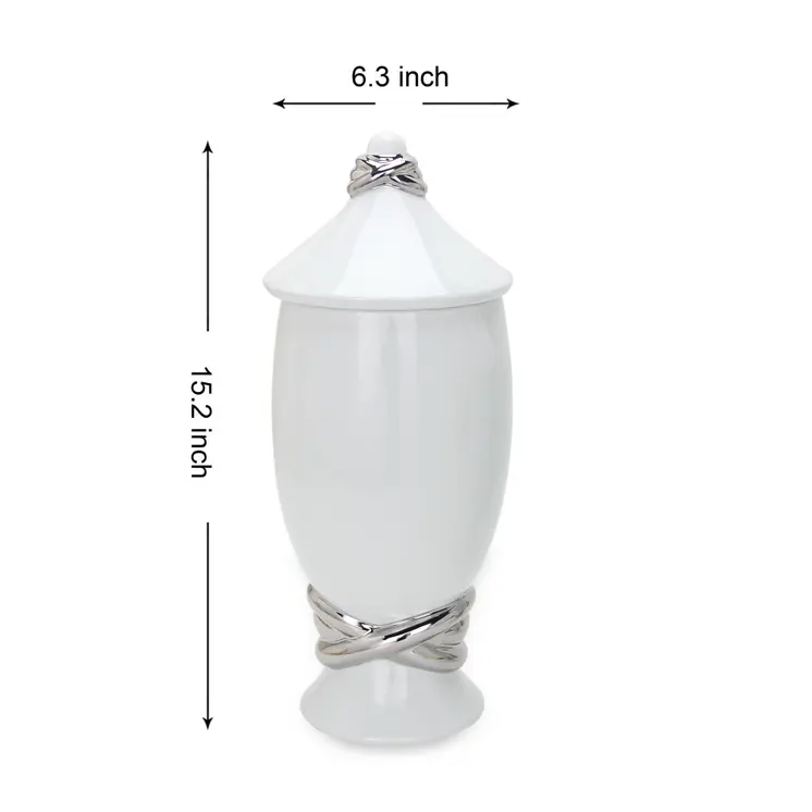 13" White and Silver Abstract Oval Ceramic Ginger Jar