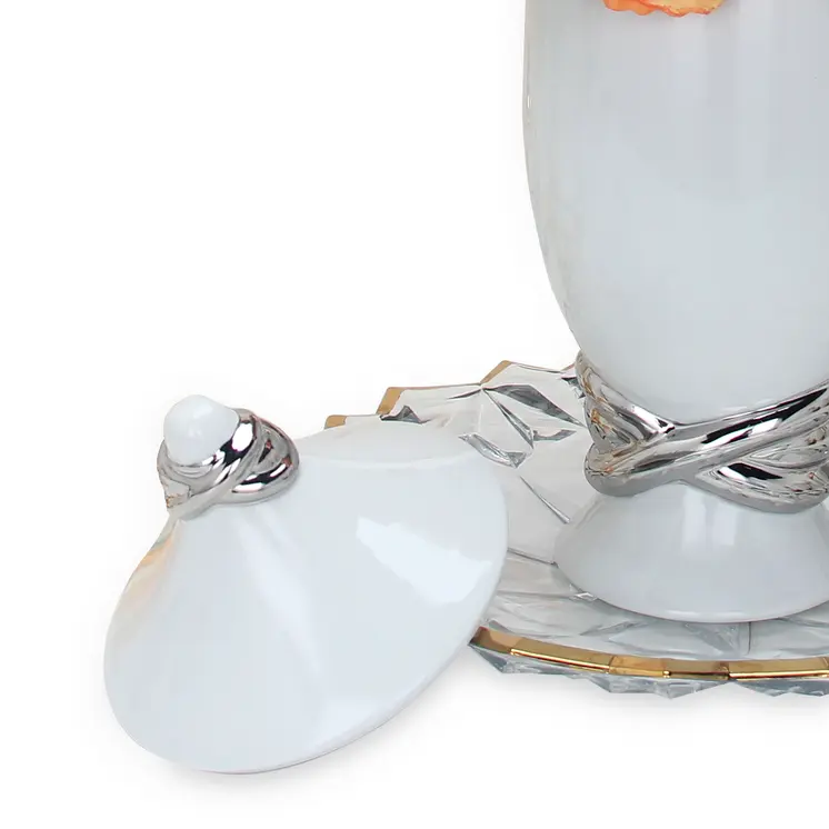 13" White and Silver Abstract Oval Ceramic Ginger Jar