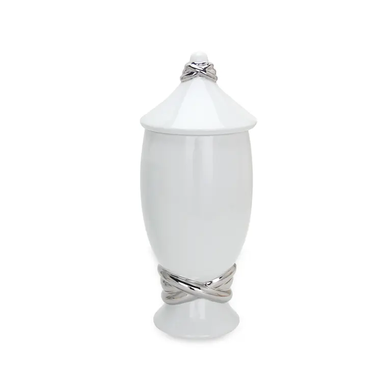 16" White and Silver Abstract Urn Ceramic Ginger Jar