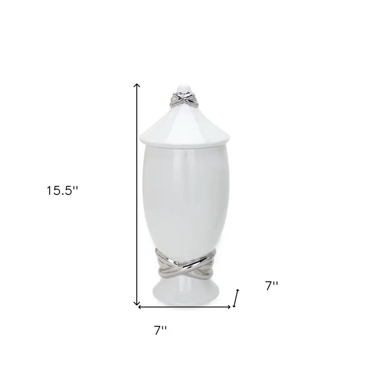 16" White and Silver Abstract Urn Ceramic Ginger Jar